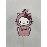Hello Kitty cutout on a stick wearing a pink Grinch costume