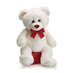 White teddy bear with a red bow sitting on a red box