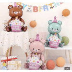 Birthday bear balloons with gift boxes and pastel balloons