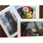 Three framed photographs on a table, including pumpkins and a tree trunk