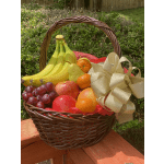 Fruit basket with bananas, grapes, apples, pears, and oranges