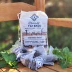 Tea bags in sheer pouches arranged around a larger tea bag package