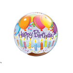 Clear balloon with Happy Birthday text and colorful candle graphics