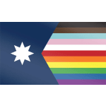 Rainbow-striped flag with a white star on a blue field