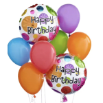 Cluster of colorful birthday balloons with two "Happy Birthday" foil balloons
