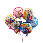 Cluster of colorful birthday balloons with printed messages