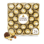 Box of Ferrero Rocher chocolates with two loose chocolates in front