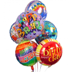Cluster of colorful birthday balloons with printed messages