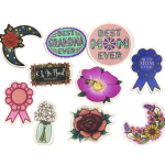 Assorted floral-themed stickers with mom and grandma messages