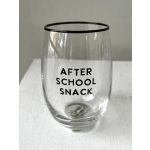 Clear glass tumbler with black rim and "AFTER SCHOOL SNACK" text