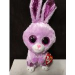 Lavender plush bunny with glittery pink ears and a heart-shaped tag
