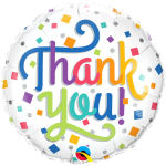 Round foil balloon with colorful "Thank you!" text and confetti pattern