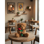 Teddy bear holding a red rose on a wooden table