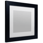 Black square picture frame with a white mat and gray center opening