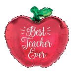 Heart-shaped red balloon with "Best Teacher Ever" text and a green leaf top