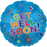 Blue star-shaped balloon with the words "GET WELL SOON!"