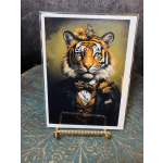 Framed tiger portrait with small yellow flowers and a butterfly