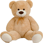 Large tan teddy bear with a ribbon bow