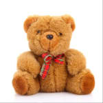 Brown teddy bear with a plaid ribbon bow