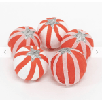 Five red and white striped decorative balls with silver stars