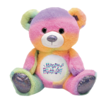 Rainbow plush teddy bear with a "Happy Birthday" belly patch