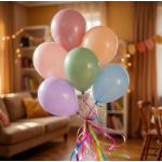 Cluster of pastel balloons with curling ribbons in a living room