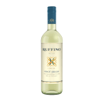 Bottle of white wine with teal screw cap and cream label on a white background