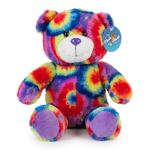 Rainbow tie-dye plush teddy bear with a tag