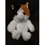 Plush calico cat toy with pink ears and nose