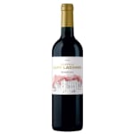 Bottle of red wine with a labeled paper neck and front label