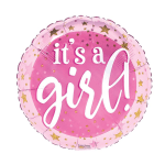 Round pink foil balloon with 'it's a girl!' text and gold star accents