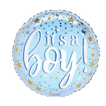 Round blue foil balloon with the words "it’s a boy!" and gold star accents