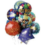 Cluster of colorful congratulatory balloons with printed messages