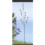Tall metal garden stake with small hanging bells against the sky