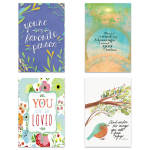 Four decorative greeting cards with floral and bird illustrations and inspirational text