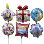 Six birthday-themed foil balloons on sticks in assorted shapes and colors.