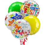 Cluster of colorful foil balloons with cheerful messages