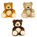 Three plush teddy bears in brown, tan, and beige on a white background