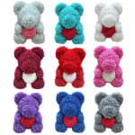 Nine rose-covered teddy bears in assorted colors arranged in a grid.