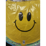 Yellow smiley-face foil balloon with black eyes and a curved smile