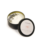 Two black tins of lavender soy wax candles, one open with dried petals on top