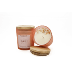 Two vanilla candles in frosted glass jars with bamboo lids