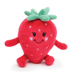 Plush red strawberry toy with smiling face, heart details, and green top leaves
