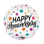 Round white Happy Anniversary balloon with colorful star pattern