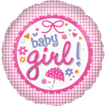 Pink gingham baby girl balloon with hearts and a bow graphic