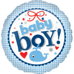 Blue baby boy balloon with stars and a whale graphic