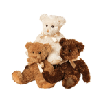 Three plush teddy bears in cream, tan, and brown with ribbon bows