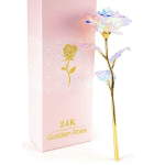 Gold rose gift in a pink box beside an iridescent rose stem