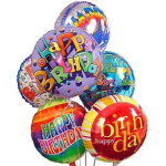 Cluster of colorful birthday balloons with printed messages