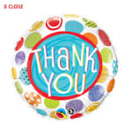 Colorful round thank-you balloon with multicolored dots